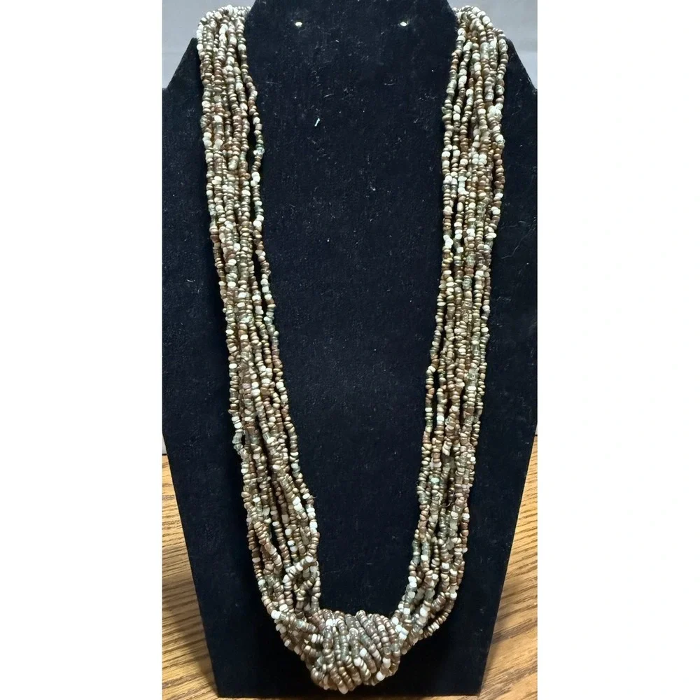 Vintage Multi Strand Seed Bead Necklace Boho Knotted Brown Green Multicolor - Picture 2 of 5